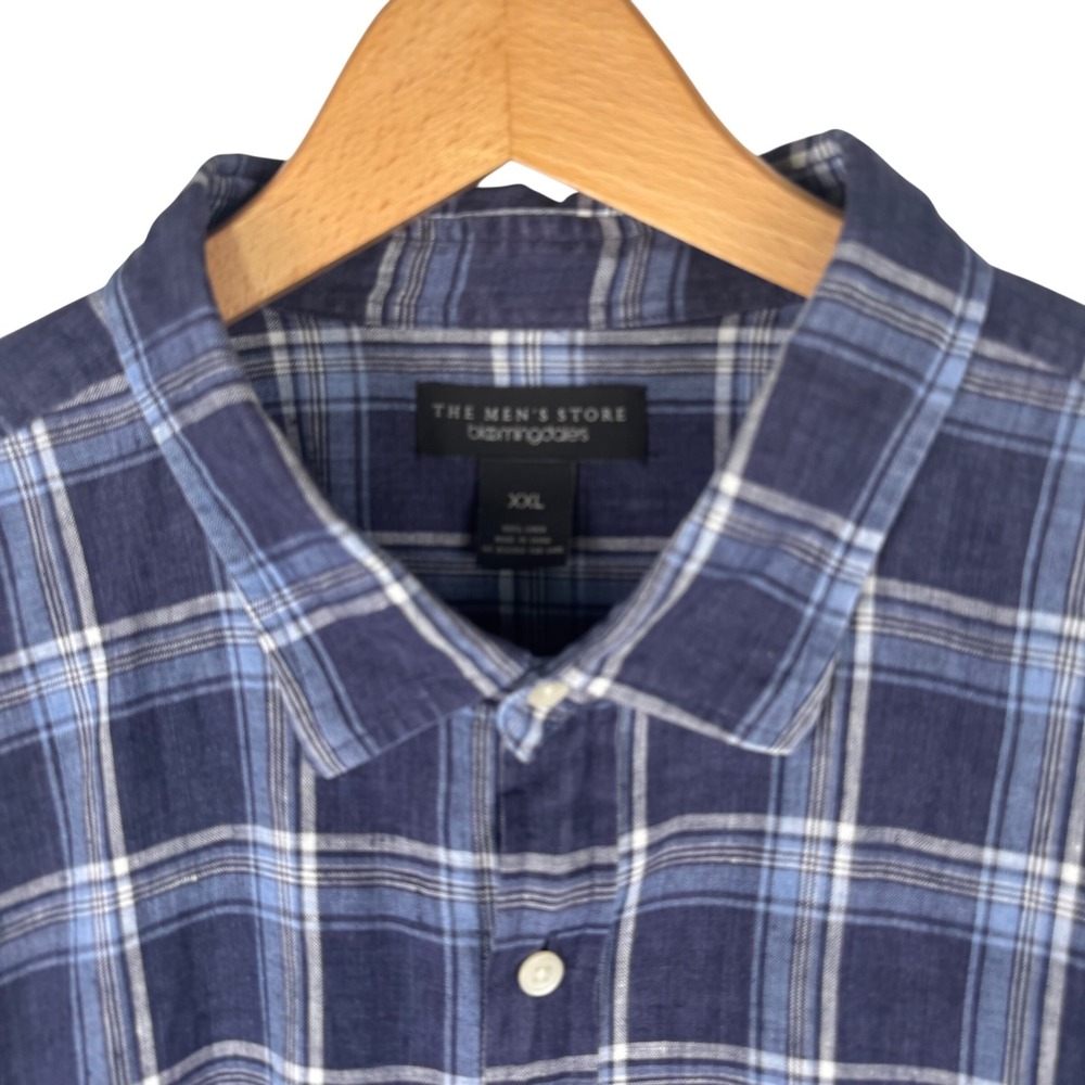 Bloomingdales Linen Plaid Button Up‎ Shirt Mens XXL Blue Long Sleeve Preppy